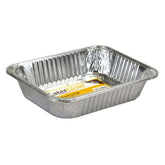 A Cater Gold Foil Roasting Tray 32 x 26cm - 2pk, rectangular and disposable, is shown with its product label inside against a white background.